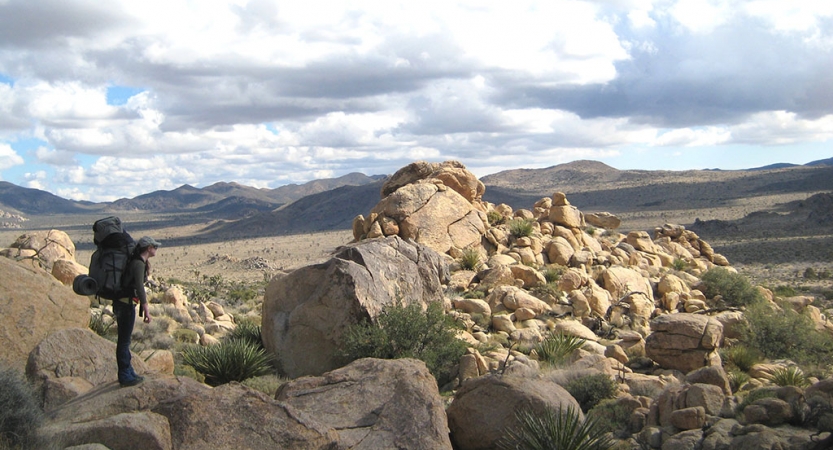 a person wearing a backpack stands near a rock formation overlooking a vast desert landscape